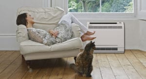 Woman sitting on chair next to cat and ductless mini split air conditioner.