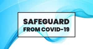 Safeguard from COVID-19 text over blue abstract design.