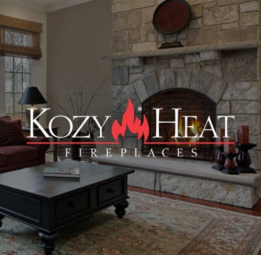 Kozy Heat Fireplaces logo in center of home fireplace in living room.