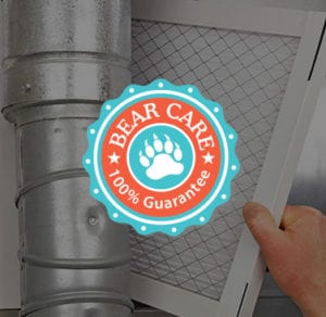 Bear Care 100% Guarantee logo centered over image of filter and ductwork