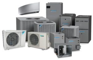 An assortment of Daikin home heating and cooling equipment