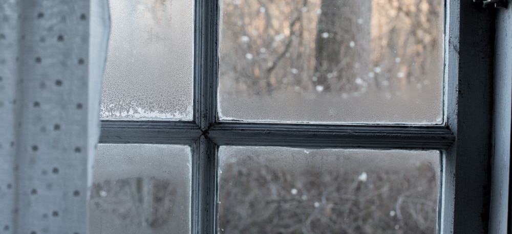 A four-paned window of a home with condensation on the inside.