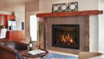Gas fireplace lit in a recreation lounge.
