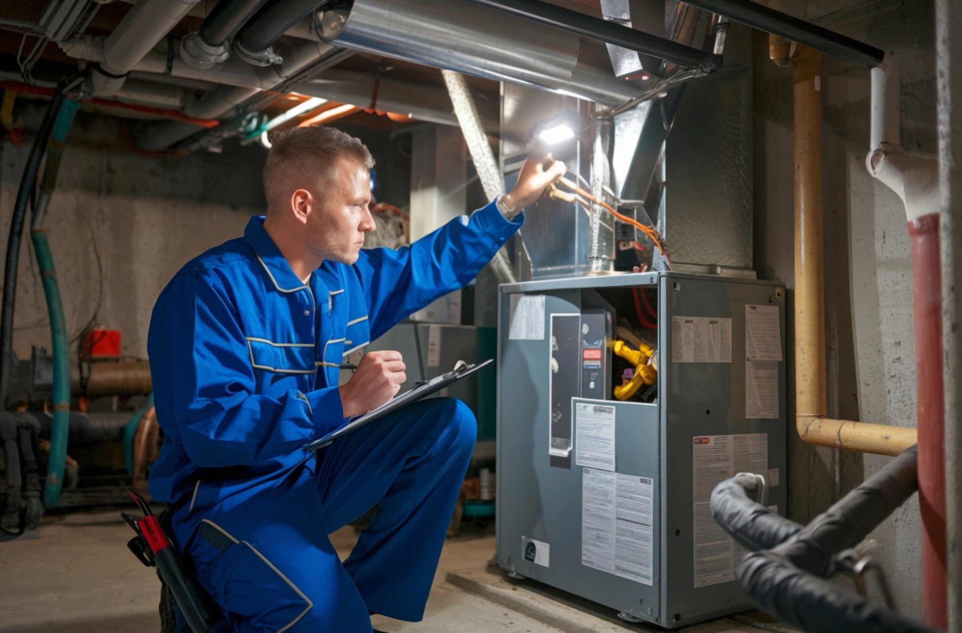 A technician working on a furnace unit