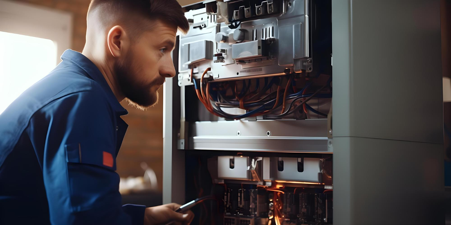 A technician inspecting a furnace unit