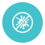 Teal blue icon with crossed out virus molecule.